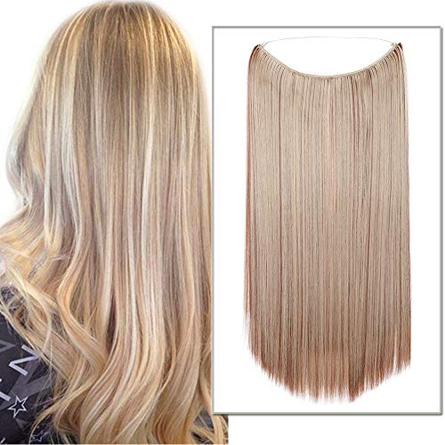 Silk-co Haarverlängerung mit Gummiband, Glatte Extensions mit unsichtbare Schnur, Synthetisch Haarteil, Haarverdichtung Haar Extensions für Frauen, Hellbraun, Aschblond 50 cm