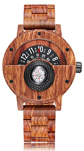 GORBEN Reloj de cuarzo de madera natural para hombre con brújula, hecho a mano, ligero, con caja de regalo, Gorben-281, pulsera