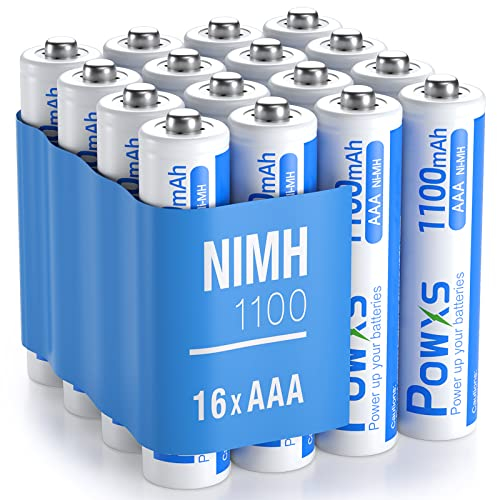 POWXS AAA Akku 1100mAh 16 Stück, Wiederaufladbare Micro Batterien AAA, 1.2 V NiMH, 1,200 Mal Wiederaufladbar, hohe Kapazität, Kein Memory Effekt, Vorgeladen und Einsatzbereit