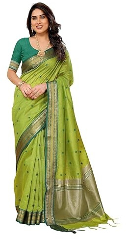 Indian Hawker Banarasi - Sari in cotone e seta con stampa floreale, da donna, con camicetta senza cuciture, colore: verde, Verde, taglia unica