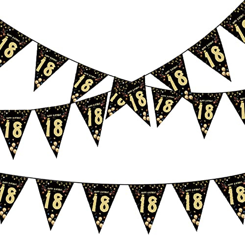 18. Geburtstag Deko Girlande Banner, 18 Jahre Schwarzes Gold Hintergrund Wimpelkette für Mädchen Junge