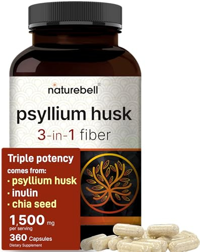 NatureBell Psyllium Husk Fiber Supplement, 1,500mg Per Serving, 360 Capsules | with Inulin & Chia Seed | Organic Soluble Fiber for Digestive & Gut Health | Plant-Based, Non-GMO, Gluten-Free