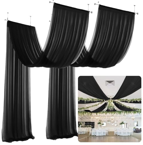 ROMANKAS Tende da soffitto in chiffon nero, 6 pannelli, 15 x 10 m, extra lunghe, per arco di matrimonio, in chiffon, per soffitto, in tulle, sfondo, tende, decorazioni per tende da doccia da sposa