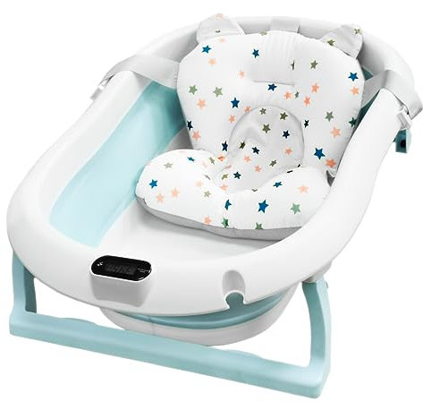 ALMAR Baby Bañera Plegable Bebé hasta 24 meses Azul Celeste con Termómetro Asiento Reductor para Recien Nacido con Patas Antideslizante Indicador de Temperatura Compacta