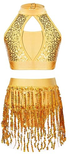 JEATHA Robe De Danse Latine Charleston Enfant Fille Ensemble De Danse Haut Et Jupe Franges Paillettes Tenue Soirée Bal Compétition Spectacle Dancewear Jaune 9-10 Ans