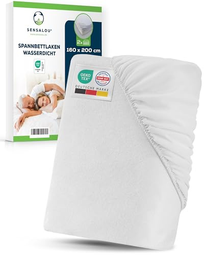 Sensalou Vattentätt Spännlakan 2-pack 160 x 200 cm, Mjukt Frotté Överdrag med Tyst Membran, Dermatext & Oeko-Tex Certifierat Madrasskydd, Tvättbart 95 °C, Tätsittande Resår, Prasselfritt | Inkontinens dra-på-lakan – våtskyddsunderlägg för 25 cm madrasser – tvättbar 95 °C – bomull – andas och tyst