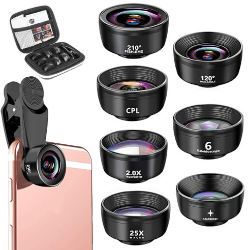 Lentes para teléfono, Kit de Objetivo para teléfono móvil 7 en 1, Objetivo Ojo de pez de 210°, Gran Angular de 120°, Objetivo Macro (25x)+Filtro de Estrella+Telefotoscopio, Caleidoscopio, CPL/Star Fil