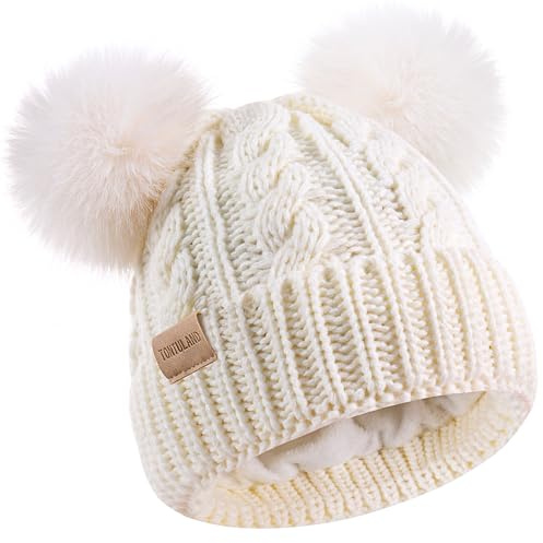 Kids Winter Beanie Children’s Warm Knitted Fleece Lined Ski Pom-Pom Warm Knit Hat for Boys & Girls 3-9 Years White