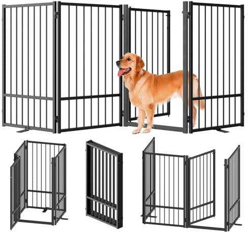 SNUOWU Full Metal Freestanding Dog Gate with Door, 36''Height Foldable Pet Dog Fence for Indoor & Outdoor, 4 Panels Extra Wide Free Standing TallDog Gates for Doorways,House,Stairs,Porch,Deck,Yard