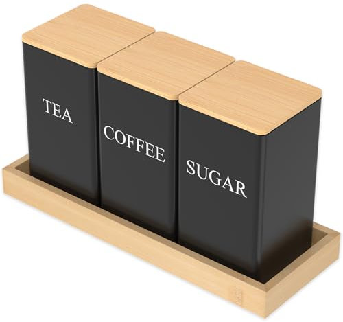 BAODBF Juego de 3 tarros de azúcar de metal para café, recipientes con tapa, recipiente de almacenamiento para alimentos secos, juego de latas de cocina, para café, té y azúcar (negro)