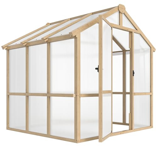 Outsunny 6.6 x 6ft Polycarbonate Greenhouse, Walk-in Wooden Greenhouse with Lockable Door and Window, Garden Plants Grow House, Brown