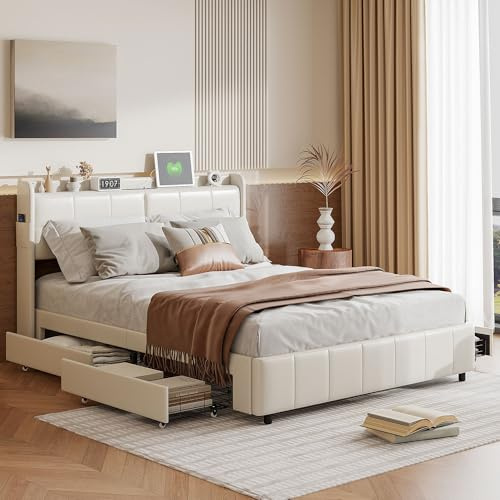 MOTUZP Sänggavel, 160 x 200 cm, dubbelsäng med 4 lådor, ribbotten, förvaringsutrymme och USB-laddning, ungdomssäng, ryggstöd, sängram (vit + PU + USB)