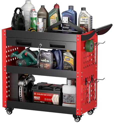 SUPEER Werkstattwagen Werkstatt-Rollwagen Montagewagen 78x35x70 cm,mit Abschließbare Schublade und Pegboard,4-Haken,Werkstätten,Lager Tragkraft 150 kg(Rot)