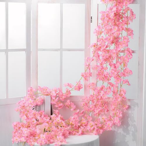 4PCS 180cm Guirnalda de Flores Artificiales Cerezo Decoracion, Guirnalda de Flores de Cerezo, Falsas Colgante Artificial Vid de Seda Plantas para Decoración Boda Jardín Exterior Interior (Rosa oscuro)