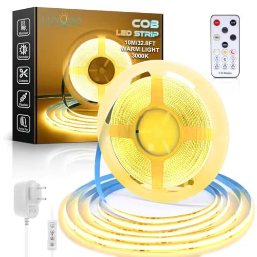 LUXONIC Tira LED COB 10M Blanca Cálida 3000K,24V 2400lm Super Brillante y Regulable,CRI90 Luces LED Habitación,Cadena LED Autoadhesiva para Decoración Navideña de Cocina Interior