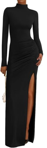Gkaopi Vestido Largo Mujer Sexy Manga Larga Cuello Alto Maxi Vestidos Largo Ajustado Elegante Vestidos con Abertura Casual Cintura Alta Bodycon Wrap Vestido Fruncido de Fiesta Cóctel Clubwear