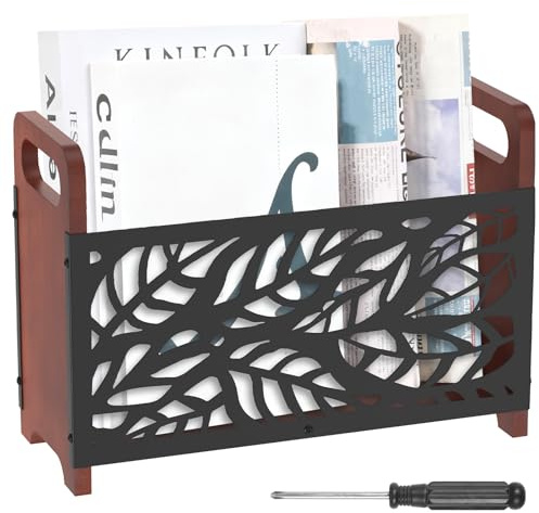 YUNYOUC Magazine Rack, Wood Magazine File Holder, Rustic Newspaper Basket, Space Saving Mail Organizer, Folder Organiser Bin for Magazines Books Newspapers Tablets in Living Room Home Office(Leaf)