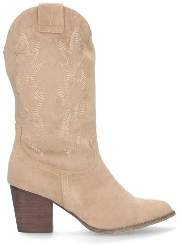 97483 Bota Campera con Tacon, Comodas, Bordado en Cana y Empeine, Estilo Vaquero Cierre de Cremallera, Ideales Otono Invierno Beige Talla 41