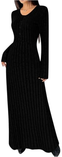 Stickad klänning dam lång vinterklänning dam elegant tröjklänning varm maxi a linje curvy stickad tröja V-ringad höstklänning ribbad långärmad vinterklänning, svart, L