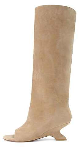 MAIJED Peep Toe Knee High Boots for Women Suede Pull On Wedge Heel Long Tall Boots Fashion High Heel Dress Booties Suede Beige Size US8.5