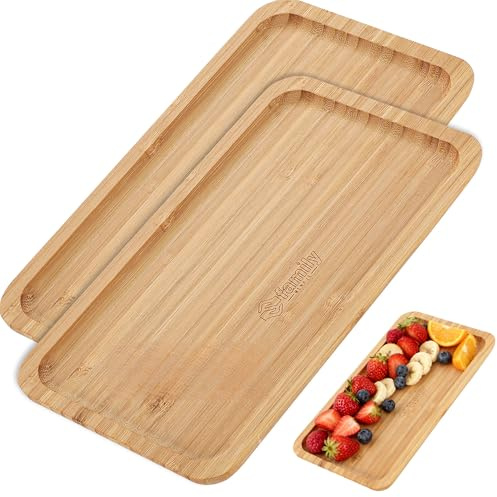 Family Pack 2 Bandeja de Bambú Rectangular 13.5×23.5 cm, Ideal para Servir, Cocina y Decoración, Fuende de Bambú para Comedor, Restaurante y Hostelería