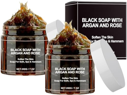 Savons Noir Marocains,2pcs Savon Noir à L'argan et à la Rose,Morocco Black Soap,Savon Noirs Marocains avec Argan et Rose,Savons de Bain,Savonss Noirs du Maroc,200g