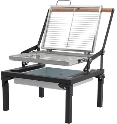 Barbecue pieghevole a carbonella 48 × 38 cm – pieghevole da campeggio con griglia girevole a 360° e cassetto a carbone, acciaio inox al carbonio, portatile per giardino, parco, spiaggia barbecue da