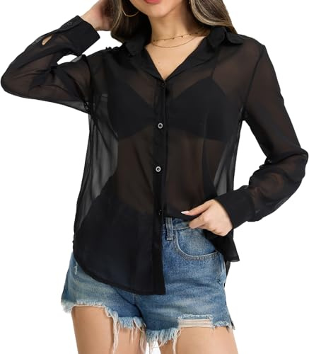 Eisnnu Blusas de Gasa Transparente para Mujer, Estilo clásico, Color Negro y Rosa, con Botones, Manga Larga, Cuello (FR/ES, Letras, S, Regular, Regular, Negro)