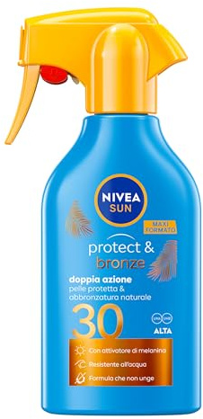 NIVEA SUN Spray Protect & Bronze SPF 30 250 ml, Crema solare 30 spray abbronzante corpo, Protezione solare 30 con attivatore di Melanina acceleratore abbronzatura, Resistente all'acqua, Non unge