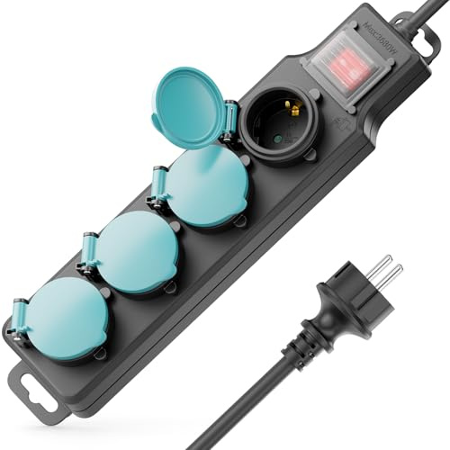 deleyCON 4 Fack Outdoor Grenuttag - med Strömbrytare - IP44 med 1,4m Kabel - Grenuttag för Utomhusbruk 4X Anslutningar med Lock - Ideal för Trädgård Terrass Balkong Källare Garage