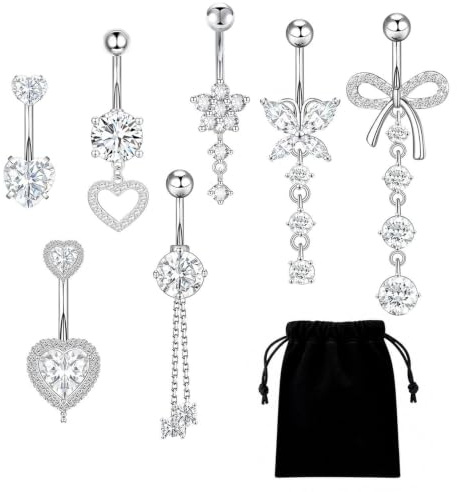 7Pcs Belly Button Bars, Silver Belly Bars Surgical Steel,14G Belly Piercing | Surgical Stainless Steel Material Nickel-Free Lead-Free Hypoallergenic Designs Velvet Gift Pouch for Daily Wear