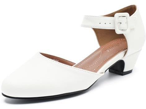 LIURUIJIA Women's Buckle Strap Low Block Heel Dress Shoes Bridal Wedding Heels Pumps White Matte 46 US 11.5