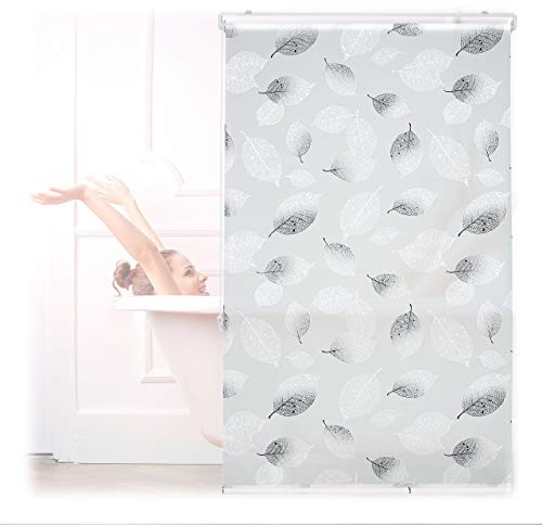 Relaxdays Cortina Enrollable Ducha Estampado de Hojas, Cortina Bañera 100x240cm, Sujeción Techo/Ventana, Blanco y Negro