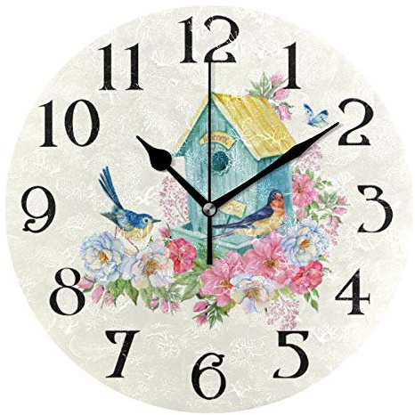 Butterfly Bird Wall Clock with Birds - Battery Operated 9.5 in Round Quartz Analog Clock for Bathroom, Kitchen, Garden