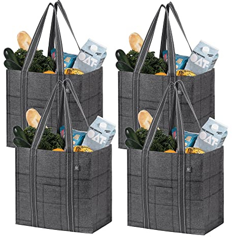VENO 4 Pack Reusable Grocery Shopping Bag w/Hard Bottom for Trolley Cart, Heavy Duty Tote Bag for Life w/Front Pocket, Beach Bag, Multi-Purpose Water-Resistant(Windowpane, 4 Pack)
