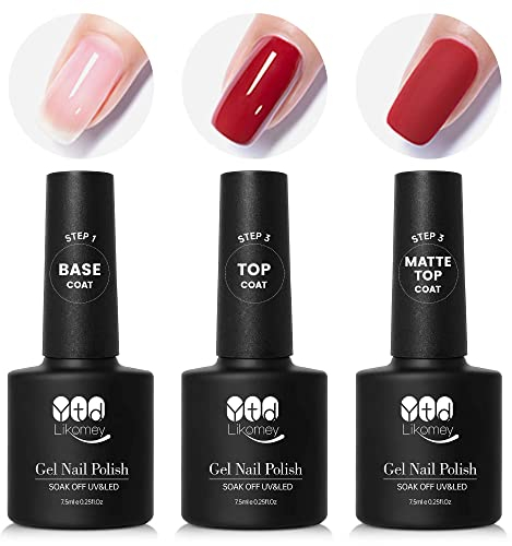 YTD Likomey Esmalte Semipermanente de Uñas en Gel UV LED,Base y Brillante Mate Top Coat 3pcs Kit,Transparente No Wipe Capa superior y de base Esmaltes de Uñas,7.5ml