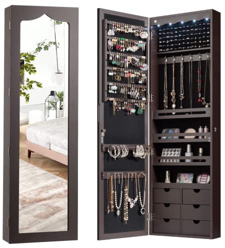 GYMAX Armadietto Portagioie da Parete, Portagioielli con Luci LED e 6 Cassetti, Specchiera a Figura Intera, Organizzatore per 84 Anelli, 120 Orecchini, 36 Borchie, Moderno, 36,5x11,5x120 cm (Brown)