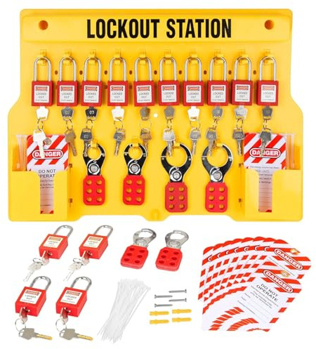 Fineera Lockout Tagout Station with Loto Devices - Lock Out Tag Out Kit Board Include 14 Pack Safety Lock Set, 6 Hasps, 40 Do Not Operate Tags, Lockout Safety Supply for OSHA Compliance