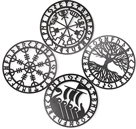 4 Stück Wikinger Wanddeko Schwarz, Wikinger Deko, 30cm Nordische Mythologie Wikinger Runen Symbol Wandkunst Wandskulpturen, Wikinger Dekoration für Wohnzimmer, Schlafzimmer, Büro, Garten, Zuhause