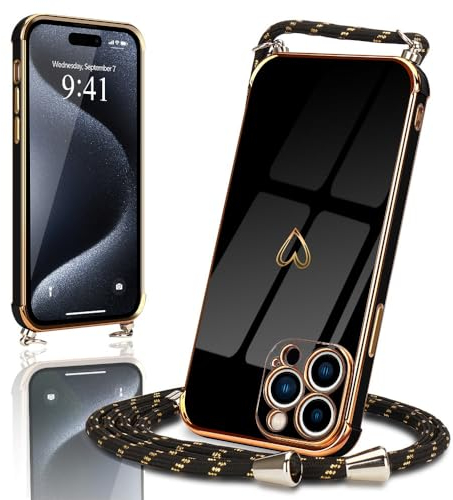 Micoden Handykette kompatibel mit iPhone 15 Pro Max hülle Ultra dünn Kameraschutz Herz Love Design Galvanik Silikon Bumper Case Kordel zum Umhängen Handyhülle mit Band Schutzhülle,Schwarz
