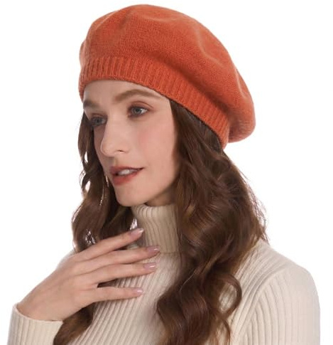ZLYC Women Winter Berets Hat French Cashmere Warm Artist Classic Print Hat(Plain Orange)
