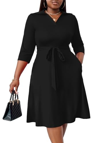 FANDEE Women's Casual Wrap Flared Midi Dress Wedding Guest Cocktail Tea Dresses A-Line Swing V-Neck 3/4 Sleeve Black 3XL
