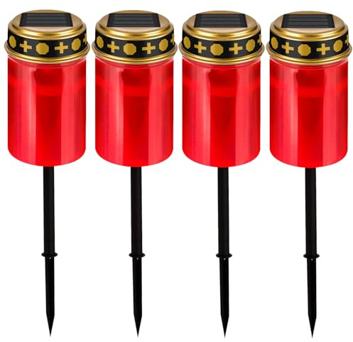 Vegena 4 Pezzi Lumino LED Impermeabile per Cimitero, Lume Funerale con Luci Solari e Asta di Sostegno per Tombale (Rosso)