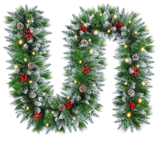 SHAVINGFUN Christmas Garland with LED Lights, 2.7M/9FT Illuminated Decorations for Stairs, Fireplaces, Festive Wreaths & Xmas Decor (Green)