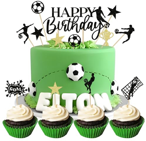 13pcs Décoration de Gâteau Football Joyeux Anniversaire Cake Cupcake Topper Foot Étoile Trophée Or Noir Gâteau Topper à Paillette Personnalisée Décoration pour Fête Thème du Football Anniversaire