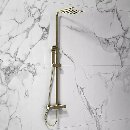 Douche thermostatique Lunar en laiton brossé avec colonne montante rigide, tête fixe et pommeau – Système de douche double fonction complet en laiton brossé