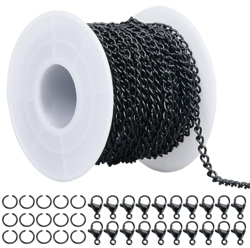 SOFPLATE 10 m/32.8 piedi Catena A Maglie Kit per La Creazione di Gioielli Alla Rinfusa Catene con Anelli di Congiunzione e Fermagli Nero Ferro Non Saldato Cubano 3 x 5mm Ovale Connettore per La Creazi