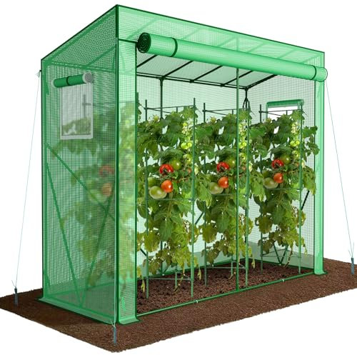 VOUNOT ® Serre de Jardin à Toit Incliné Serre à Tomate avec Grande Porte et 2 Fenêtres pour Légumes Plantes Fleurs Bâche PE Renforcée 135g/m2 Protéger Vos Plantes en Toutes Saisons 200x77x170cm Vert