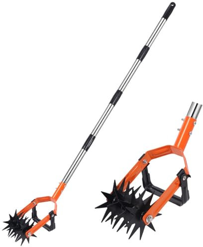 Outil de cultivateur rotatif, 2 en 1, désherbeur de jardin, réglable avec perche en acier inoxydable, dents étendues, outil de culture pour réensemencer l'herbe, desserrer et mélanger le sol (4