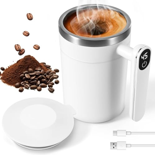 Tazza auto-commovente da 400 ml con indicatore di temperatura, tazza automatica magnetica in acciaio inox, tazza da caffè elettrica per latte, cacao, caffè in ufficio, casa, viaggi (bianco)